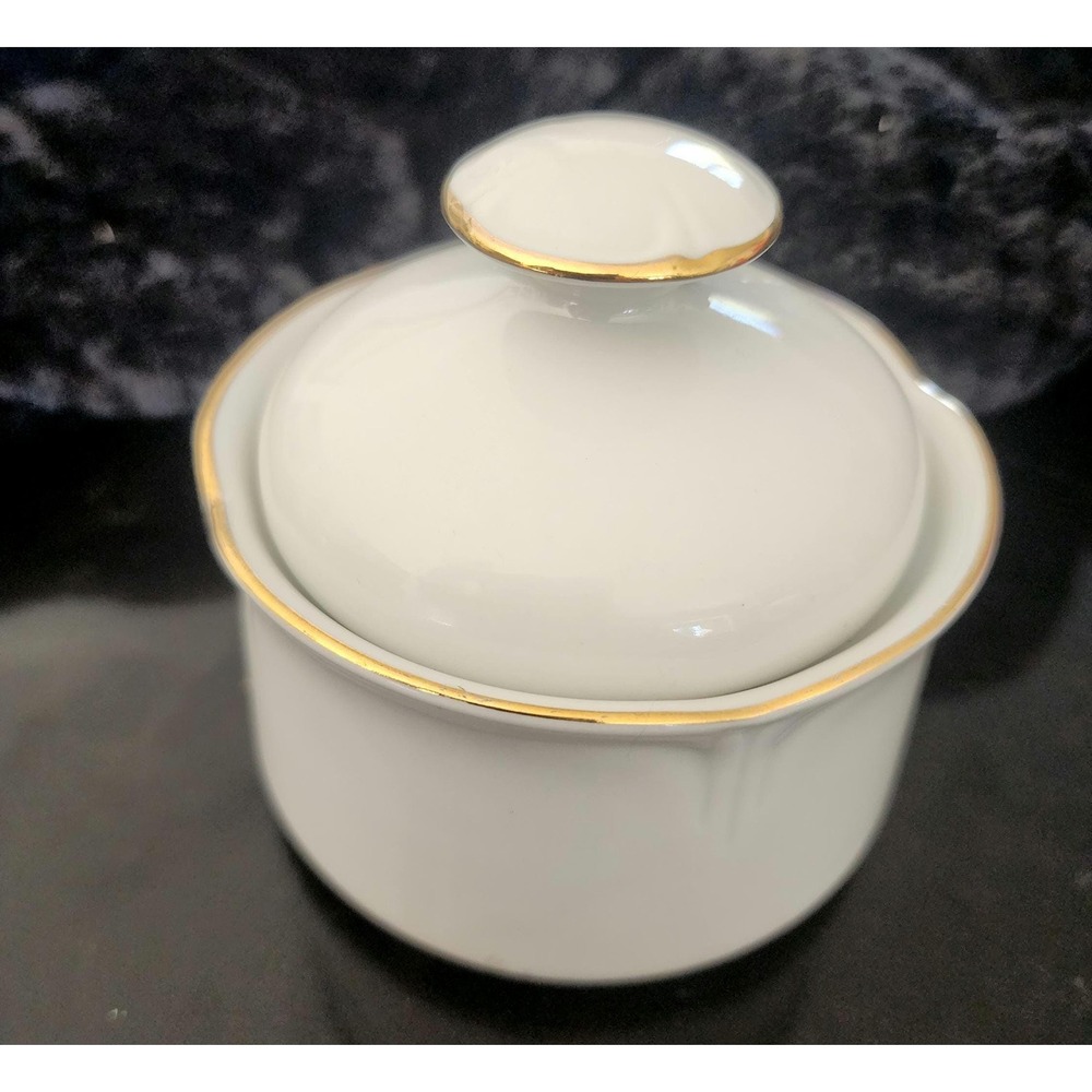 Vintage J.L. Menau White Porcelain Sugar Bowl with Lid Scalloped Gold Trim GDR